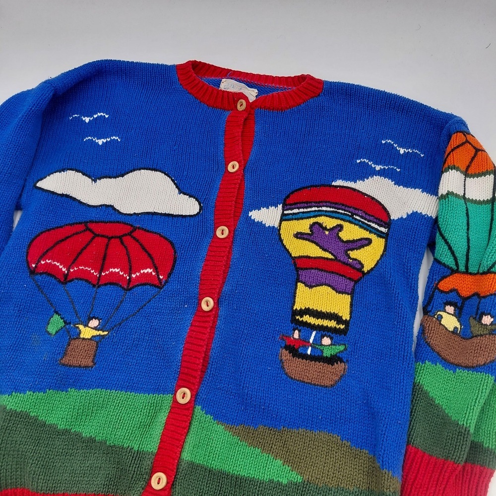 Vtg Cotton Salsa Hand Knit Hot Air Balloon Sweater Womens L Eclectic Artsy AOP